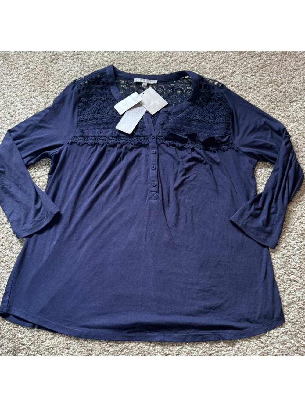 Daniel Rainn Tunic Top Women's Size L Indigo Crochet Lace Yoke Button Front NEW - Picture 1 of 8